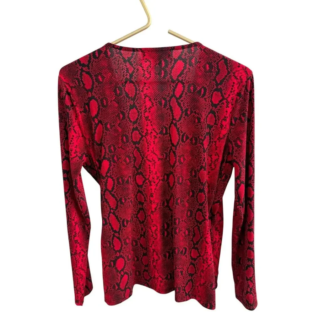 MICHAEL KORS Red Snakeskin Faux Wrap Top L Long Sleeve Side Zip EUC